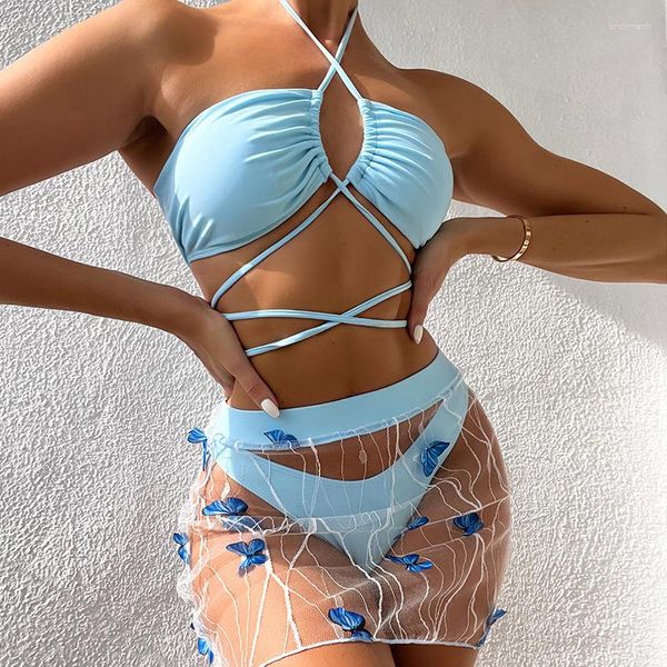 Traje de baño para mujer, tendencia de verano 2023, conjunto de Bikini de 3 piezas, falda transparente para la playa, traje de baño cruzado sin espalda, traje de baño de malla