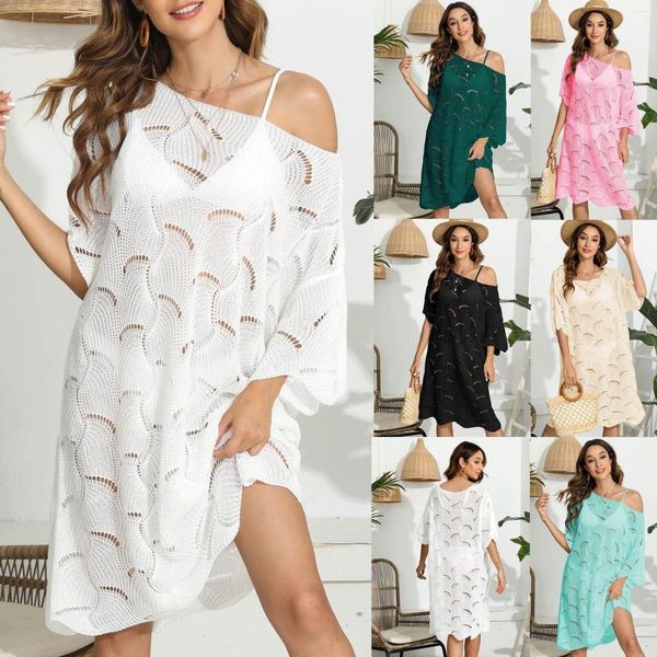 Traje de baño de mujer 2023 Swim Cover Up Womens Crochet Beach Wear para damas Flounce Vocation Bikini Cover-ups White Summer Sun Dress Midi