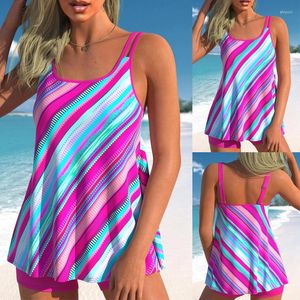 Dames Zwemkleding 2023 Tankini Tweedelig Grote maten Badpak Ruglooze Geometrisch Fuchsia Ronde Hals Badpakken Stijlvol