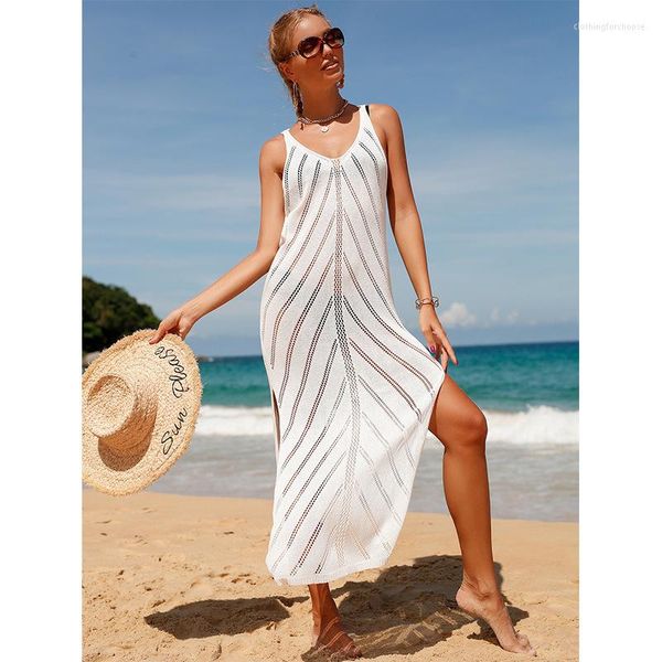 Maillots de bain pour femmes 2023 V-Neck Bikini Cover-ups Slit Leg White Cut Out Crochet Tunic Summer Beach Dress Women Wear Swim Suit Cover Up