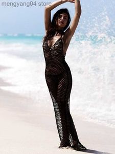 Dameszwemkleding 2023 Wit gehaakte tuniek Sexy Zie door Hollow Out Straped Bodycon Mesh Dress Women Summer Beach Wear Swim Suit Cover Up A1731 T230505