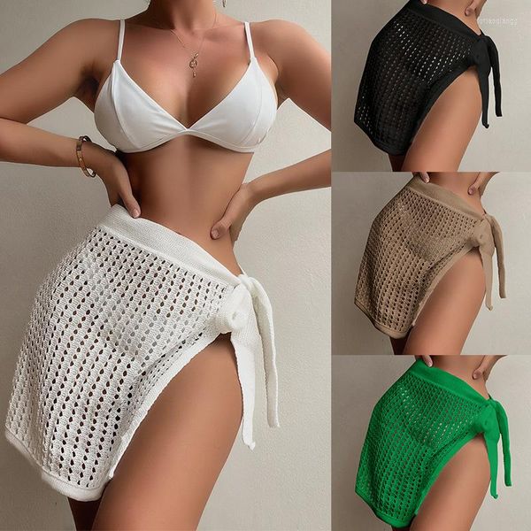 Maillots de bain pour femmes 2023 blanc Sexy transparent jupe courte évidé tricoté une pièce plage à lacets Bikini couverture