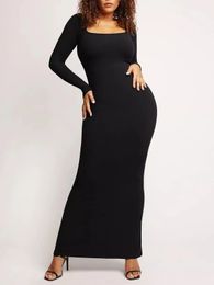 Roupa de banho feminina 2023 Vestido maxi feminino com decote quadrado e manga longa, macio, solto, com nervuras, bodycon, vestidos para mulheres, sólido, grande, decote em U, fino