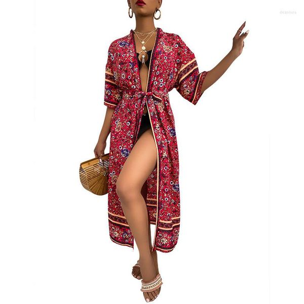 Maillots de bain pour femmes 2023Bohemian Shawl Beach Cover Up Dress Femmes Blouse Tunique Longues Ceintures Boho Imprimé Bikinis Ups Swim Robe Plage Beachwear