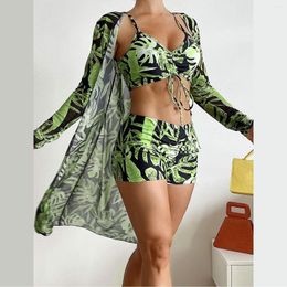 Maillots de bain pour femmes 2023sexy 3 pièces Bikini ensemble couvrir à manches longues dissimulation imprimé tropical brésilien plage maillot de bain