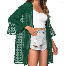 Traje de baño para mujer 2023 Moda de verano Playa Protector solar Bola de peluche Jacquard Transparente Cardigan Manga de llamarada Elegante Cubierta sexy