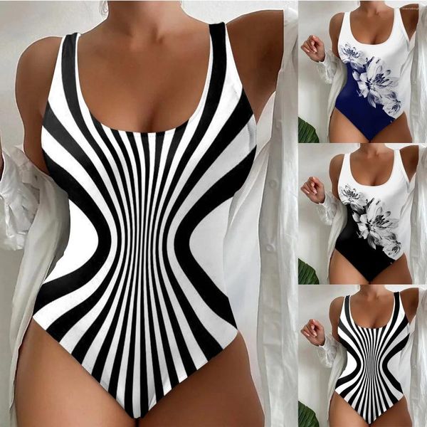 Traje de baño para mujer 2024 1 pieza Traje de baño de playa Tie Dyed 3D Impreso Europeo y Negro Bandeau Bikini adelgazante