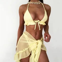 Swimwear féminin 2024 3 pièces Set Swimsuit Femme Femme Sexy Sexy Ruffle Mesh Micro Bikini avec jupe Saisie de bain de plage jaune