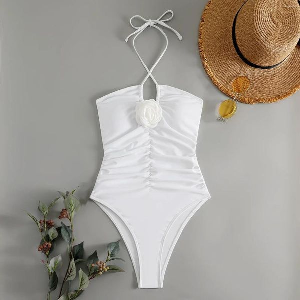 Swimwear Women 2024 3d Flower Swimsuit One Piece Slim Vintage Femmes Sexy Bath Bathing Swimming Swim Swim Femme Beachwear White