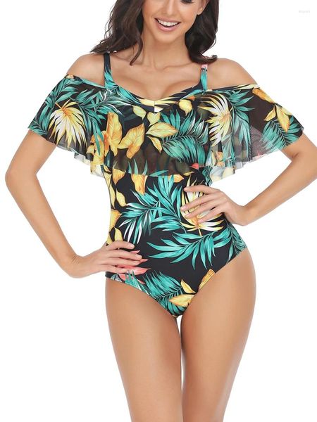 Traje de baño para mujer 2024 Bikini Mono Set Manga corta Off Hombro Floral / Estampado de hojas Verano Piscina Playa