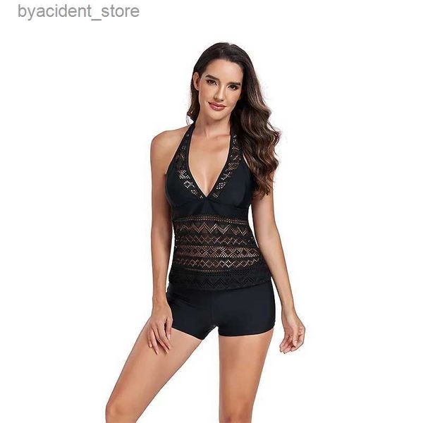 Traje de baño para mujer 2024 Conjuntos de bikini negro Mujer Traje de baño de dos piezas con boyshorts acolchado Halter V Cuello Traje de baño Trajes de baño Trajes de baño Control de barriga L240308