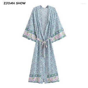 Dames Zwemkleding 2024 BOHO Cyaan Contrasterende kleur Bloemenprint Lange Kimono Shirt Etnisch Volledige mouw Stropdas Strik Sjerpen Vakantievest Losse Cape