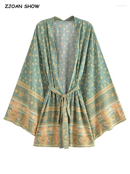 Traje de baño para mujer 2024 BOHO Mujeres V Cuello Estampado de flores Camisa de kimono Camisa de vacaciones Tide Bow Fashes Mid Long Cardigan Blusa de verano Algodón Cabo de playa