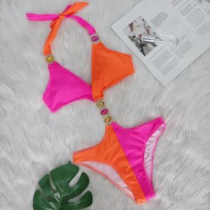 Dames Badmode 2024 Kleurcontrast Eendelig Badpak Voor Vrouwen Strass Juweel Bikini Sexy Hoge Taille Uitgehold Jarretel Ruglooze