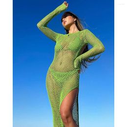 Maillots de bain pour femmes 2024 Crochet Creux Out Slit Sexy Manches Longues Maxi Robe Mesh Tunique Bikini Cover-ups Femmes Beachwear Tricoté Plage Cover Up