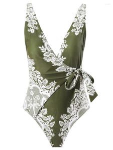 Swimwear 2024 Cross Deep V Neck String Swewsuit Femme Imprimez un morceau de baigniers de vêtements de plage féminins sexy