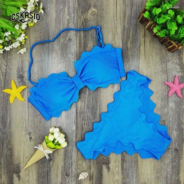 Traje de baño para mujer 2024 lindo festoneado mujeres traje de baño sexy bandeau bikini conjunto azul biquini acolchado trajes de baño maillot de bain femme s-l