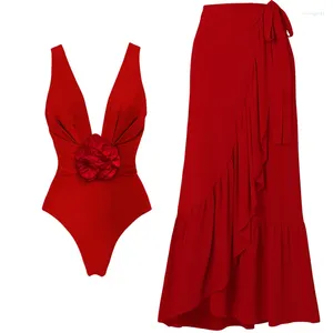 Swimwear Women 2024 détachable 3d fleur rouge un morceau de maillot de bain et de jupe Vacation Bikinis Bouchage de luxe Bikinis Beachwear