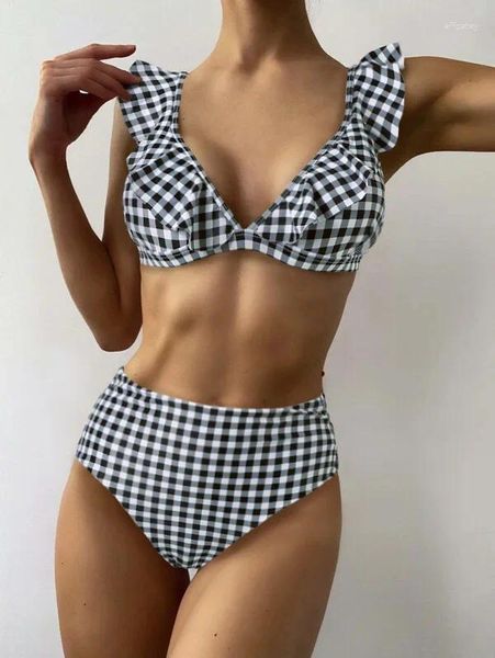 Traje de baño para mujer 2024 Traje de baño a cuadros blanco y negro sexy dividido en Europa y América Bikini volador