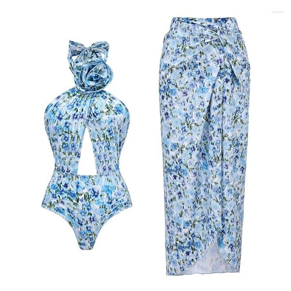 Traje de baño para mujer 2024 Moda 3D Recorte de flores Traje de baño de una pieza y falda Verano Push Up Adelgazamiento Mujeres Ropa de playa Traje de baño