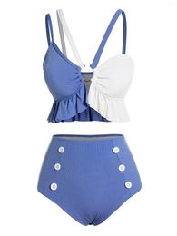 Dames Badmode 2024 Mode Tweekleurige Bikini Set Gewatteerde Volant Stuk Mock Button Hoge Taille Badpak Voor Zomer Strand