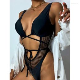 Damesbadmode 2024 Mode Vrouwen Bikini Effen Kleur Raster Badpak Backless Sexy Eendelige Riem Lente