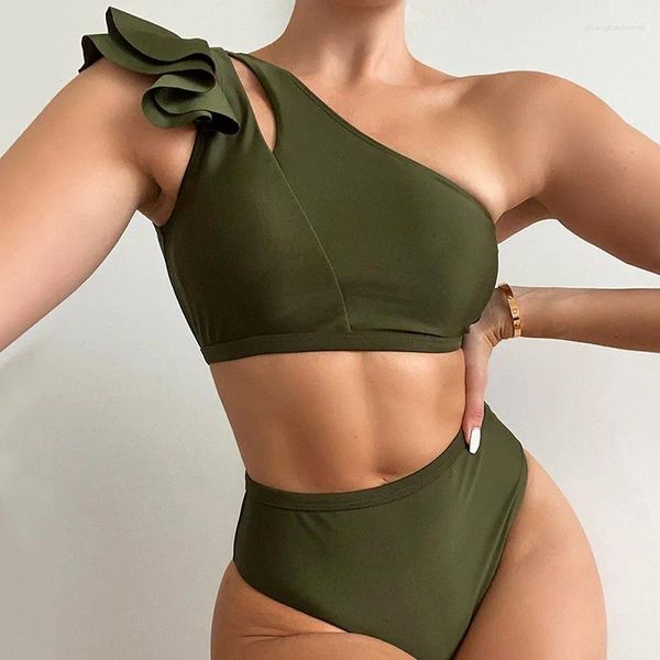 Traje de baño para mujer 2024 Ropa de playa femenina Trajes de baño Sexy Un hombro Volantes Conjunto de bikini de 2 piezas Mujeres Sólido Traje de baño de cintura alta