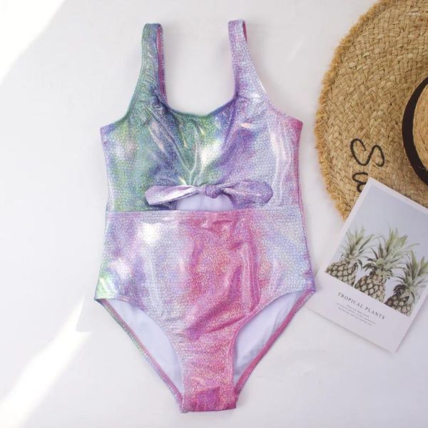 Swimwear de mujeres 2024 Niñas Glitter One Piece Swimsuit Kids Cut Out Nudo delantero de 7 a 14 años Traje de baño para adolescentes