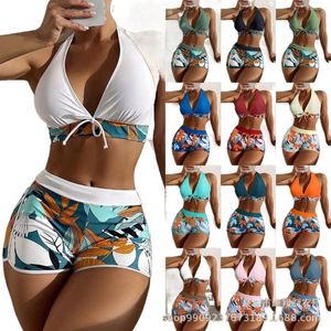 Swimwear féminin 2024 Shorts de taille haute bikini set imprimé licol