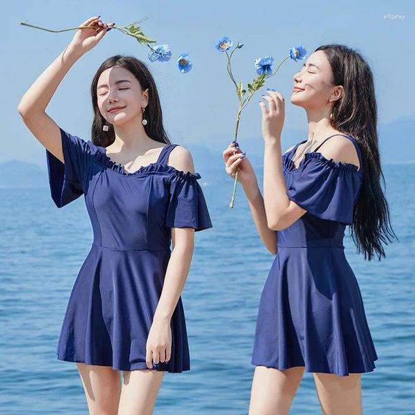 Maillots de bain pour femmes 2024 Corée solide une pièce maillot de bain femmes sexy dos nu jupe pliée monokini push up pad bikini costume