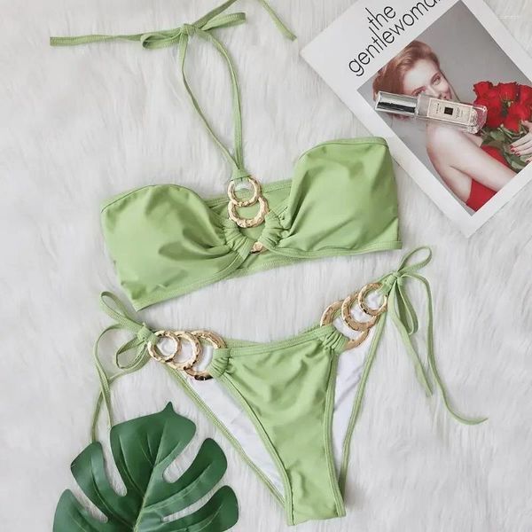 Swimwear de mujeres 2024 Bikini verde claro Accesorios de metal Metal Dos piezas Swims Traps sin corbata Traje de baño sin espalda Lace-Up Y80