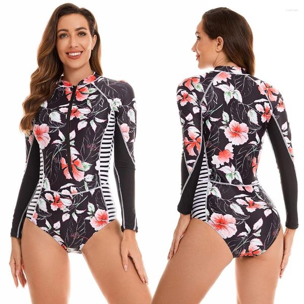 Swimwear féminin 2024 à manches longues surf à surfer, imprimé Femmes One Pieces Diving Vêtements Beachwear Bathing Swimming Swim Suite XS-XL