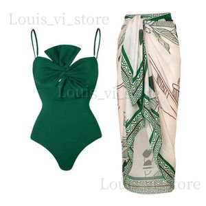 Swimwear féminin 2024 Luxury Bowknot Green Solid One Pieces Swimwear + Jiron Sweetwear Swimswear for Sexy Women Sarong Two Pieces sets Monokini T240222