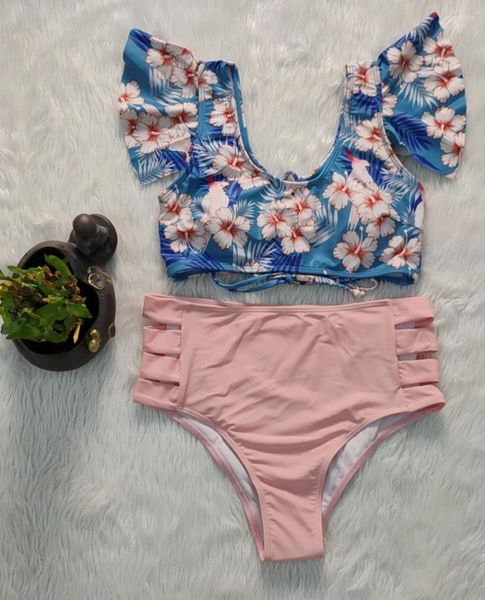 Traje de baño para mujer 2024 Conjuntos de bikini de dos piezas de cintura alta con volantes florales de lujo Ropa de playa Biquinis