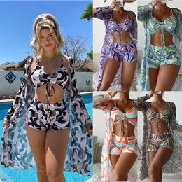 Dameszwemkleding 2024 Nieuwe dames driedelige bikini mesh masker shirt gradiënt afdrukken veter mode zonbestendig zwempak