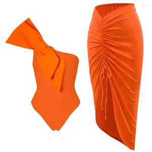 Dames badmode 2024 Oranje bowknot decoratie vaste kleur uit één stuk zwempak voor vrouwen schouderriem bedek bikini strand