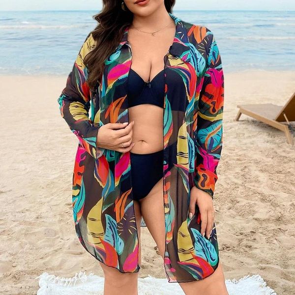 Maillots de bain pour femmes 2024 Plus Taille Tops Lâche Imprimer Mousseline de soie Coverups Beach Swim Bikini Kimono Cardigan Maillot de bain Cover Ups Blouse