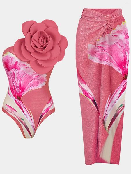 Swimwwear 2024 Imprimé Big Flower One Piece Mains de maillot pour femmes Robe de plage épaule Femelle Push Up Monokini Bathing Fssction xl