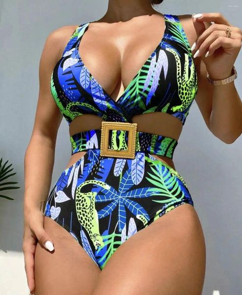 Swimwear 2024 Imprimer un morceau de maillot de bain Sexy V Neck High Cut Femme Boucle Boucle Monokini BodySuit Bathing Bathing