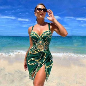 Swimwear 2024 Impression Push Up Up One Piece Maignement avec plage jupe V Nou Swimswear Femmes Femmes de baignade Vintage Monokini Summer