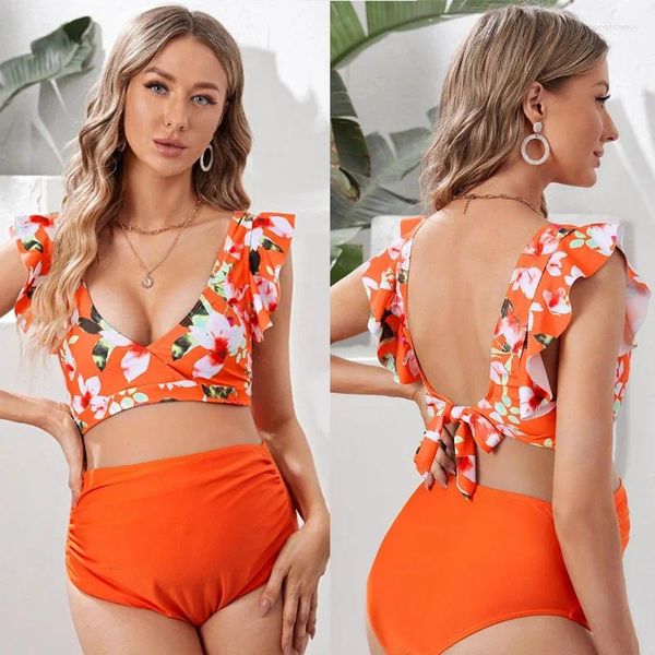 Swimwear 2024 Impression de bikini de maternité sexy Set Summer Beach Ruffle Two Piece High Wistr Backless Sans manches enceinte de maillot de bain enceinte