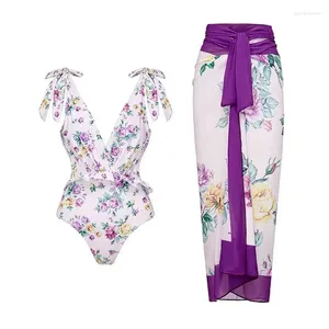 Swimwear Women 2024 Purple Floral Retro One Piece MAINTRAIRE FEMMES RUBLES AVEC ROBE SEXHE