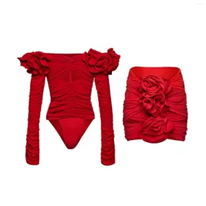 Maillots de bain pour femmes 2024 Rouge 3D Fleur One Piece Maillot de bain Femmes avec jupe de plage Maillot de bain Beachwear Monokini Swim Summer
