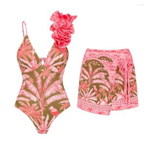 Swimons de maillots féminins 2024 Retro One Piece Swimsuit Jupe épaule à loisie à lacets Floral Flaignages Slimage Bathing Full Beach Wear