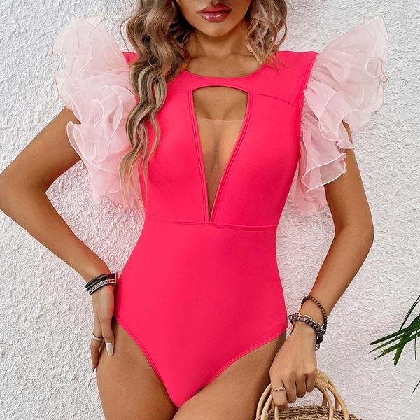 Traje de baño para mujer 2024 Ruffle Mujeres V Cuello de una pieza Traje de baño Verano Halter Ropa de playa Sexy Traje de baño Vintage Monokini Fem