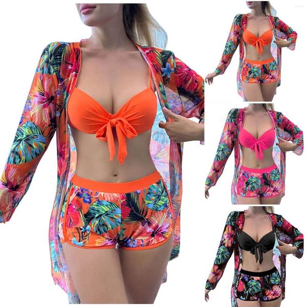 Traje de baño para mujer 2024 Sexy 3 piezas Bikini Set Cover Up Traje de baño Bikinis de cintura alta para mujeres Manga larga Empuje para mujer Trajes de baño