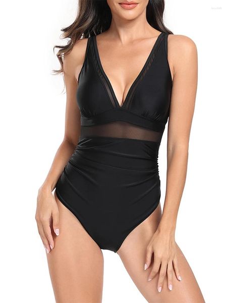 Maillots de bain pour femmes 2024 Sexy Black Mesh Sheer V Cou Femmes 1pièce Maillot de bain Femme High Cut Monokini Bather Maillot de bain Swim Beach Wear