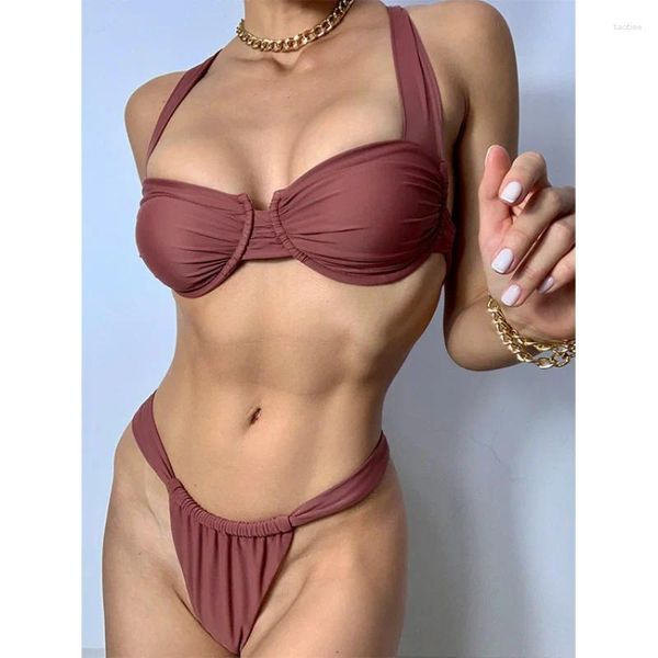 Maillots de bain pour femmes 2024 Sexy Brown Bikini Set Taille basse Bikinis brésiliens Femmes Maillot de bain Push Up Micro Biquini Summer Monokini