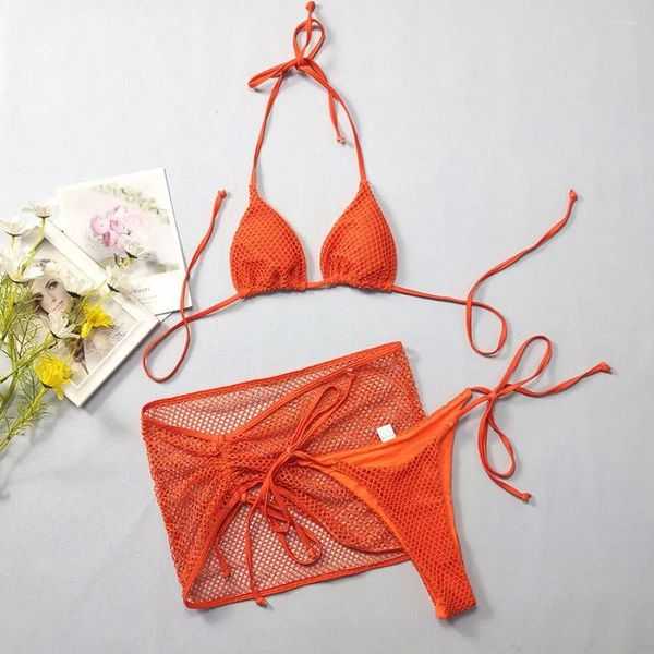 Traje de baño para mujer 2024 Sexy Crochet Mesh 3 piezas Bikini Set Halter Cordón Traje de baño para falda sólida Mujeres Micro Tanga Traje de baño