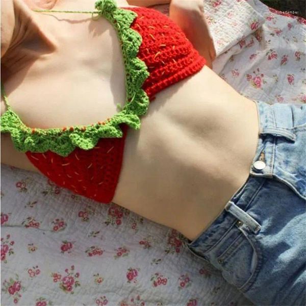 Swimwear Women 2024 Sexy Crochet Swimsuit Strawberry Bandage Crop Top Femme Camis Summer Handmade Tant Tank Beld Bikini Customed